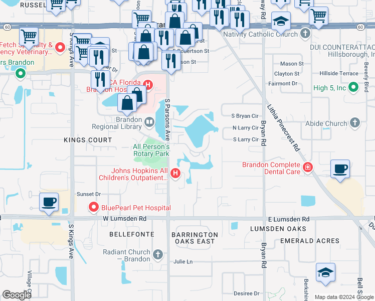 map of restaurants, bars, coffee shops, grocery stores, and more near 214 Lake Parsons Green in Brandon