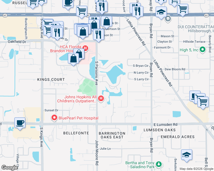 map of restaurants, bars, coffee shops, grocery stores, and more near 214 Lake Parsons Green in Brandon