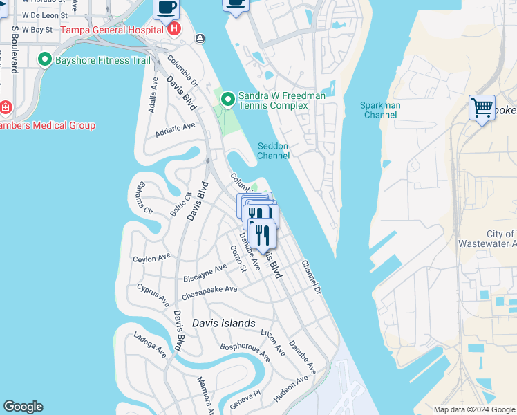 map of restaurants, bars, coffee shops, grocery stores, and more near 160 Columbia Drive in Tampa