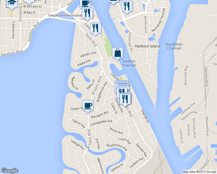 map of restaurants, bars, coffee shops, grocery stores, and more near 136 East Davis Boulevard in Tampa