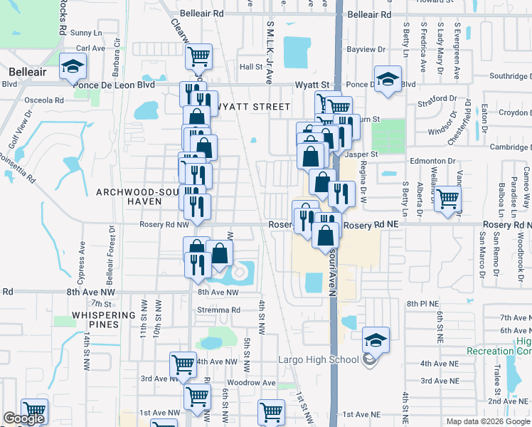 map of restaurants, bars, coffee shops, grocery stores, and more near 504 13th Avenue Northwest in Largo