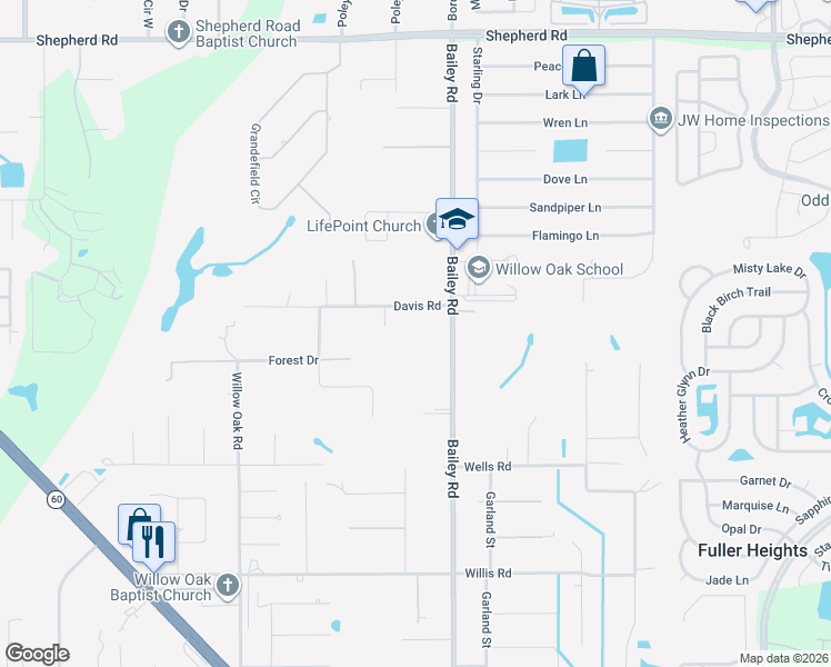 map of restaurants, bars, coffee shops, grocery stores, and more near 3800 Davis Road in Mulberry