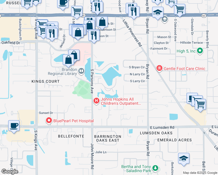 map of restaurants, bars, coffee shops, grocery stores, and more near 214 Lake Parsons Green in Brandon
