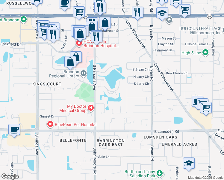 map of restaurants, bars, coffee shops, grocery stores, and more near 220 Lake Parsons Green in Brandon