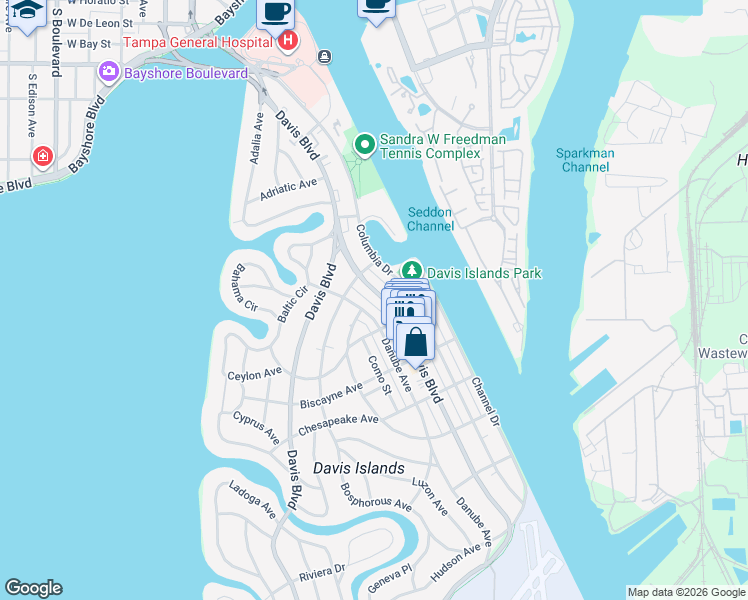 map of restaurants, bars, coffee shops, grocery stores, and more near 140 East Davis Boulevard in Tampa
