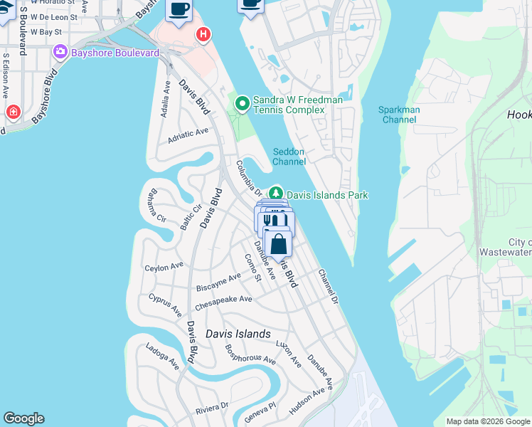 map of restaurants, bars, coffee shops, grocery stores, and more near 155 East Davis Boulevard in Tampa