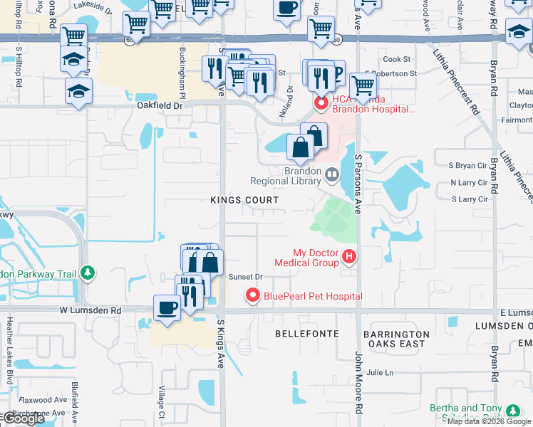map of restaurants, bars, coffee shops, grocery stores, and more near 602 Bainbridge Drive in Brandon