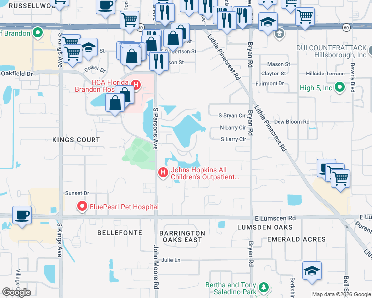 map of restaurants, bars, coffee shops, grocery stores, and more near 308 Lake Parsons Green in Brandon