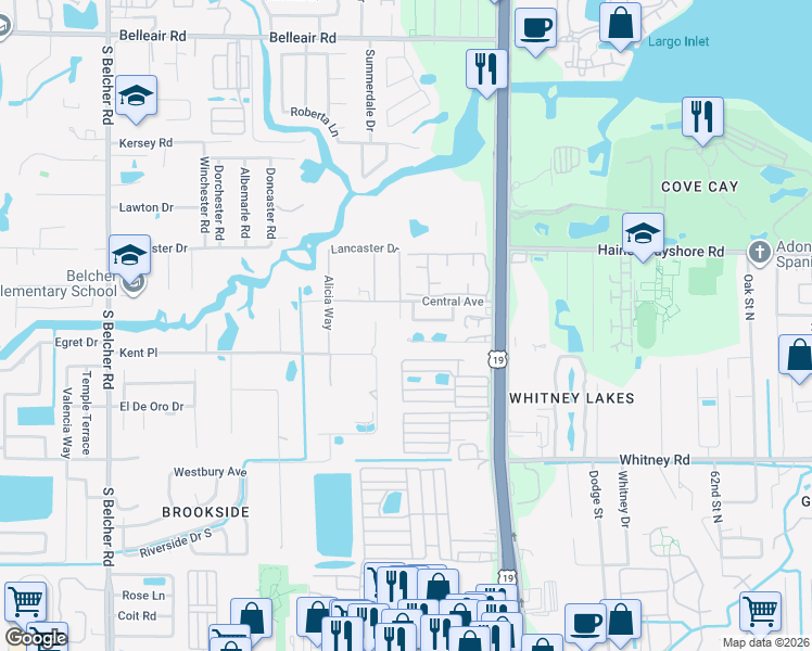 map of restaurants, bars, coffee shops, grocery stores, and more near 2507 Southern Oak Circle in Clearwater