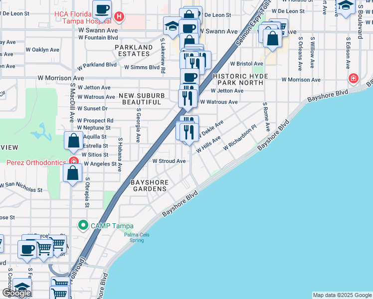 map of restaurants, bars, coffee shops, grocery stores, and more near in Tampa