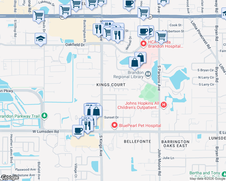map of restaurants, bars, coffee shops, grocery stores, and more near 608 Lynchburg Drive in Brandon
