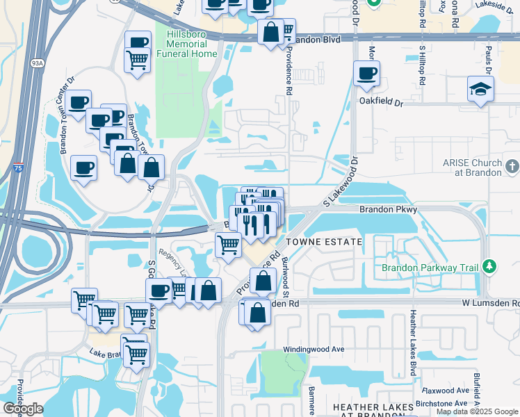 map of restaurants, bars, coffee shops, grocery stores, and more near 2025 Brandon Crossing Circle in Brandon