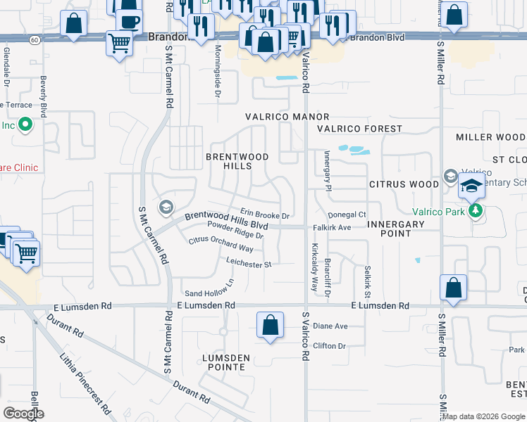 map of restaurants, bars, coffee shops, grocery stores, and more near 1824 Erin Brooke Drive in Valrico
