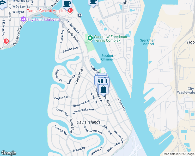 map of restaurants, bars, coffee shops, grocery stores, and more near 160 Columbia Drive in Tampa