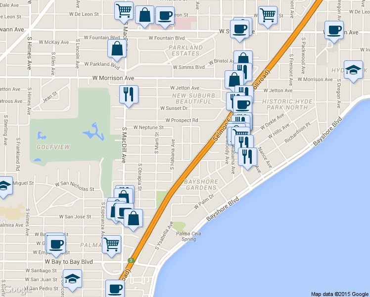 map of restaurants, bars, coffee shops, grocery stores, and more near 1605 South Georgia Avenue in Tampa