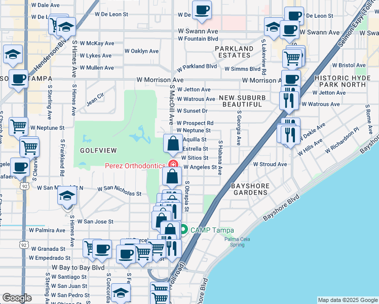 map of restaurants, bars, coffee shops, grocery stores, and more near 3008 West Estrella Street in Tampa