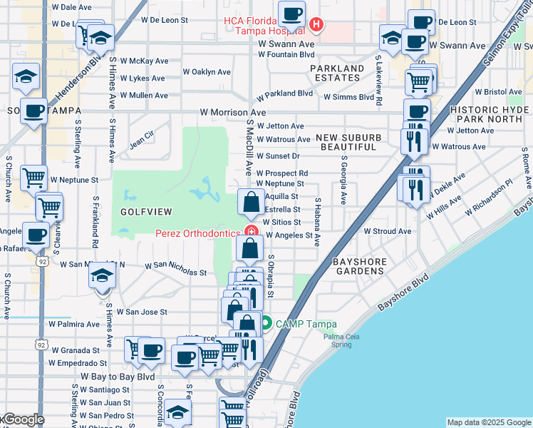 map of restaurants, bars, coffee shops, grocery stores, and more near 3008 West Estrella Street in Tampa