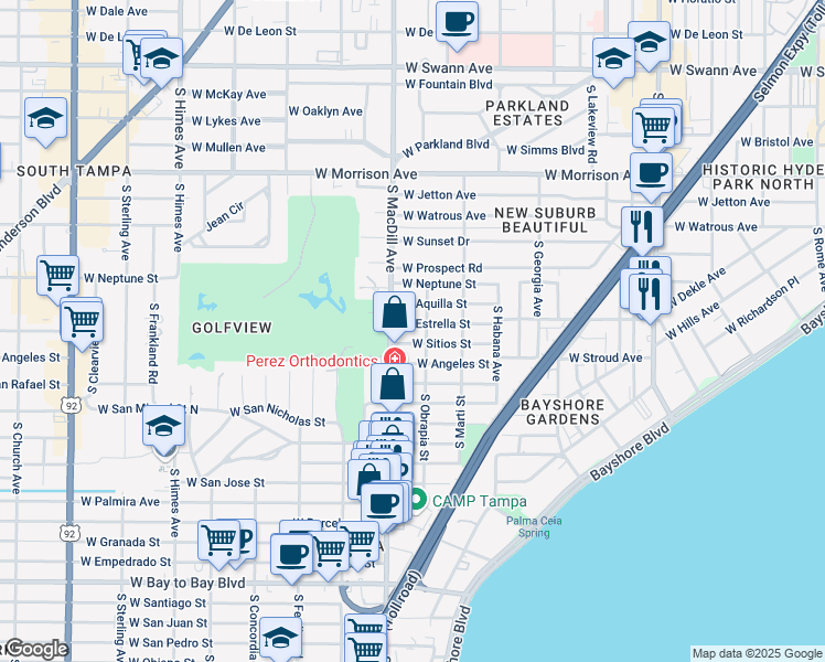 map of restaurants, bars, coffee shops, grocery stores, and more near 3008 West Estrella Street in Tampa