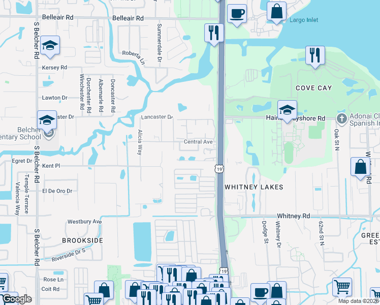 map of restaurants, bars, coffee shops, grocery stores, and more near 2523 Southern Oak Circle in Clearwater