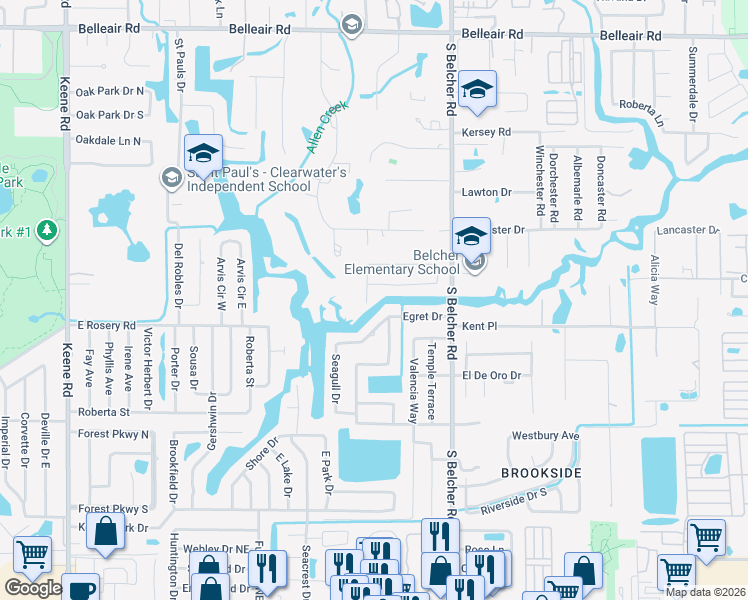 map of restaurants, bars, coffee shops, grocery stores, and more near 2149 Waterside Drive in Clearwater