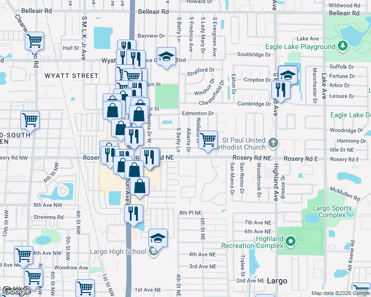 map of restaurants, bars, coffee shops, grocery stores, and more near 1867 Betty Lane in Largo