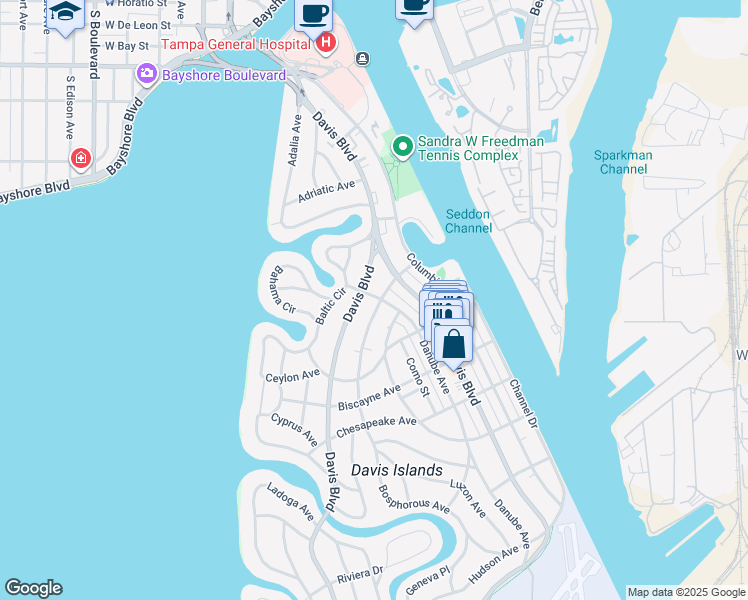 map of restaurants, bars, coffee shops, grocery stores, and more near 124 Bosphorous Avenue in Tampa