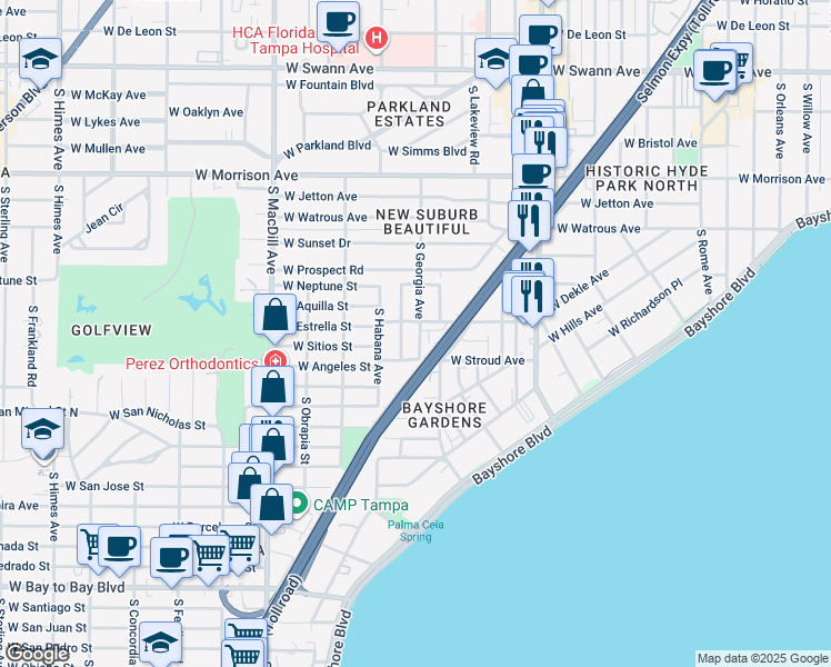 map of restaurants, bars, coffee shops, grocery stores, and more near 1605 South Georgia Avenue in Tampa