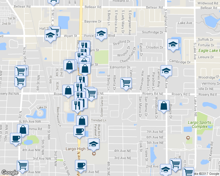 map of restaurants, bars, coffee shops, grocery stores, and more near 1867 Betty Lane in Largo