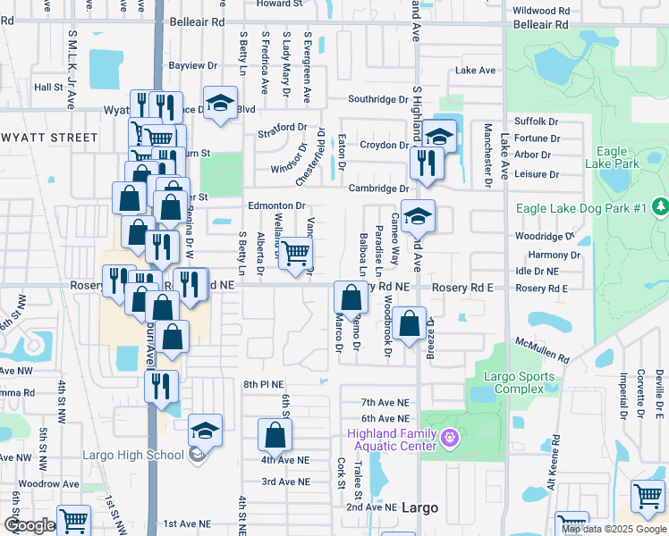 map of restaurants, bars, coffee shops, grocery stores, and more near 1250 Alexander Way in Clearwater
