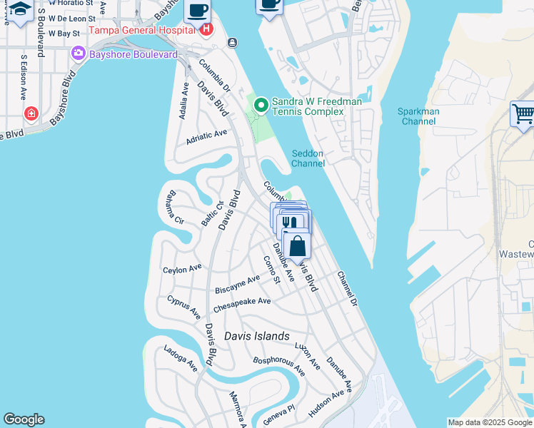 map of restaurants, bars, coffee shops, grocery stores, and more near 136 East Davis Boulevard in Tampa