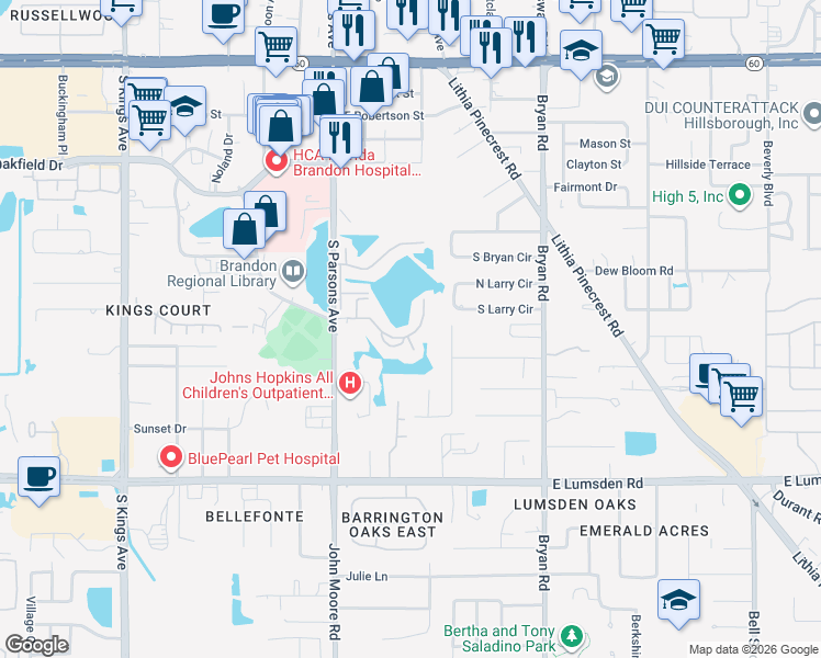 map of restaurants, bars, coffee shops, grocery stores, and more near 302 Lake Parsons Green in Brandon