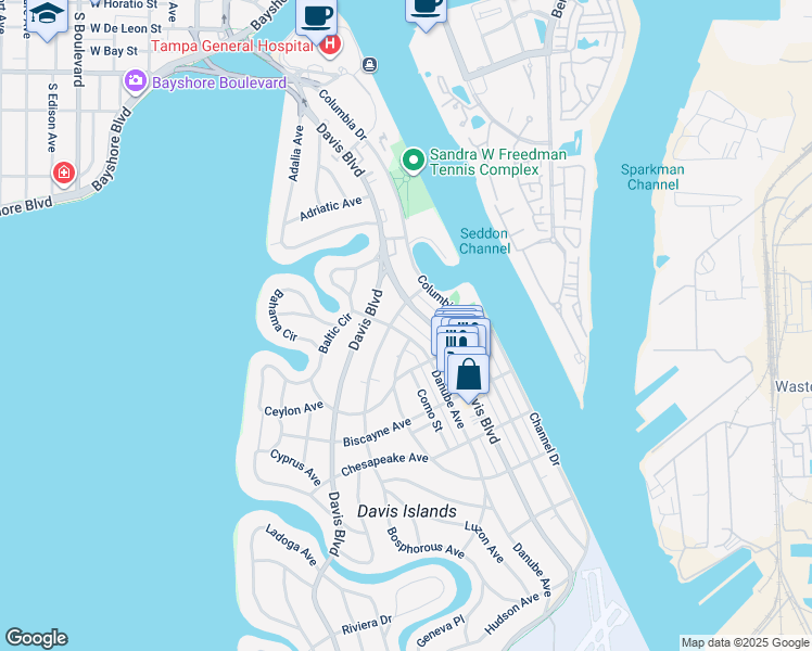map of restaurants, bars, coffee shops, grocery stores, and more near 121 Danube Avenue in Tampa