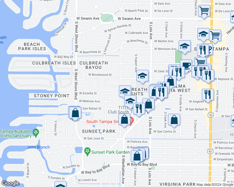 map of restaurants, bars, coffee shops, grocery stores, and more near 4321 West Estrella Street in Tampa