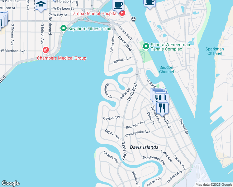 map of restaurants, bars, coffee shops, grocery stores, and more near 11 Baffin Avenue in Tampa