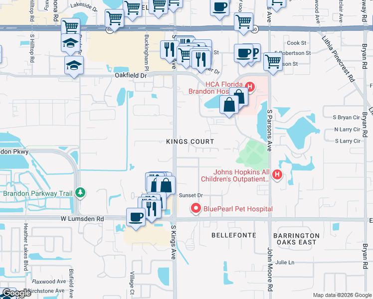 map of restaurants, bars, coffee shops, grocery stores, and more near 610 Ole Plantation Drive in Brandon