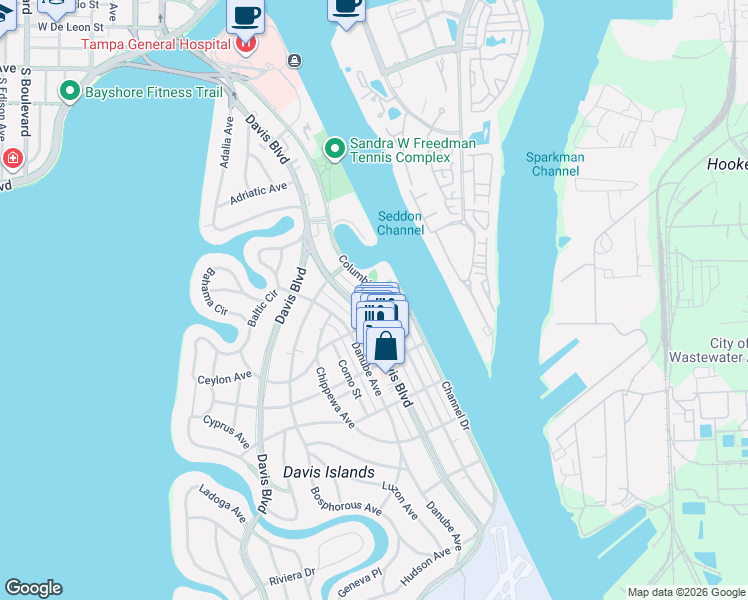 map of restaurants, bars, coffee shops, grocery stores, and more near 160 Columbia Drive in Tampa