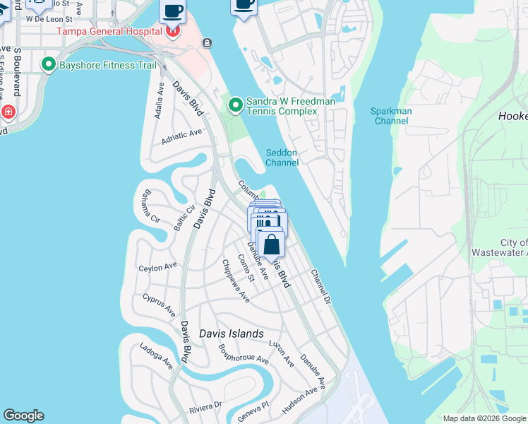 map of restaurants, bars, coffee shops, grocery stores, and more near 160 Columbia Drive in Tampa