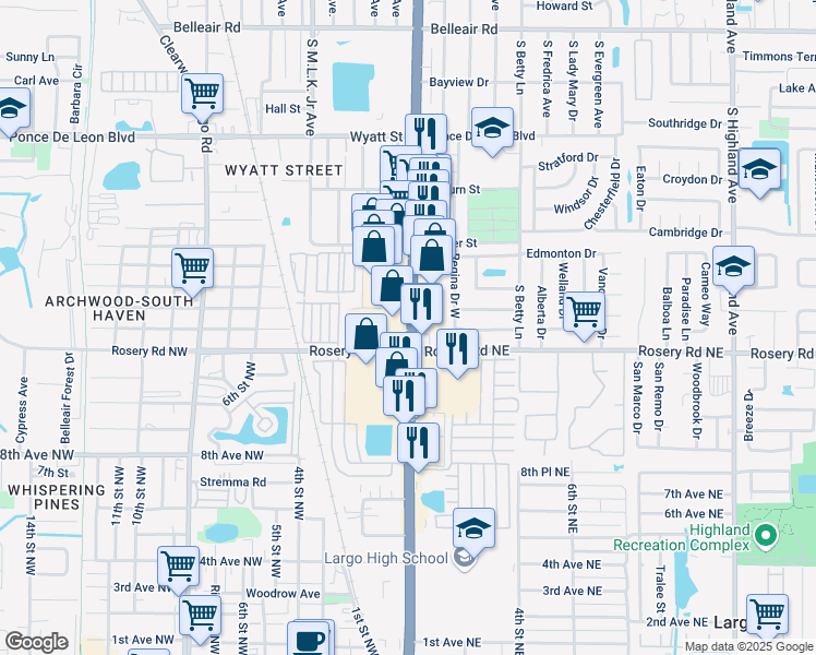 map of restaurants, bars, coffee shops, grocery stores, and more near 973 Missouri Avenue North in Largo