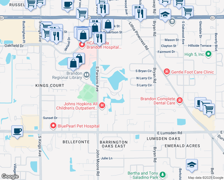 map of restaurants, bars, coffee shops, grocery stores, and more near 214 Lake Parsons Green in Brandon