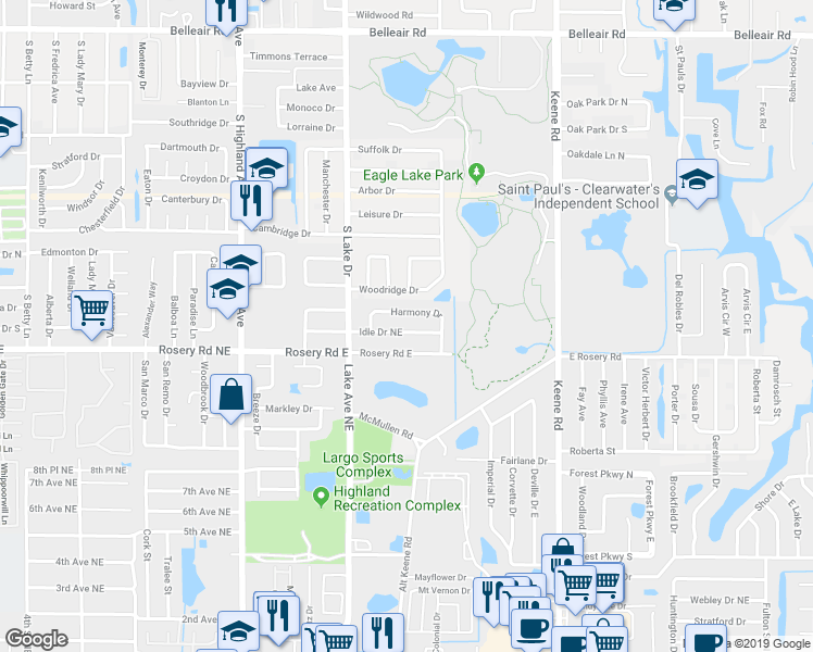 map of restaurants, bars, coffee shops, grocery stores, and more near 1680 Idle Drive Northeast in Clearwater