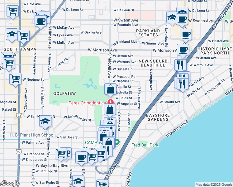 map of restaurants, bars, coffee shops, grocery stores, and more near 3008 West Estrella Street in Tampa