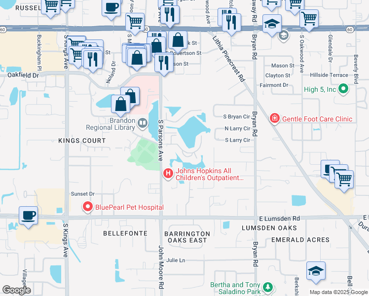 map of restaurants, bars, coffee shops, grocery stores, and more near 214 Lake Parsons Green in Brandon