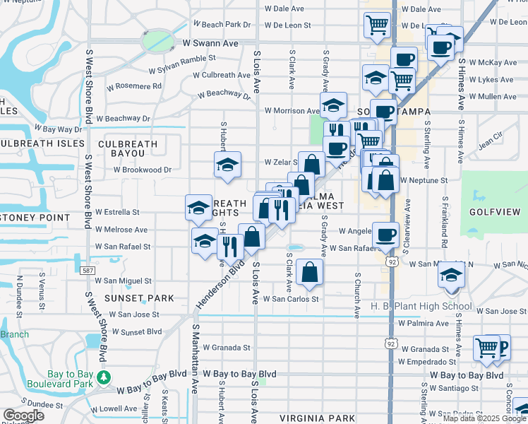 map of restaurants, bars, coffee shops, grocery stores, and more near 4113 West Estrella Street in Tampa