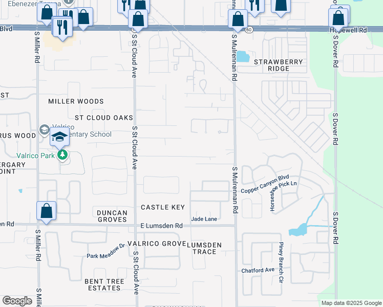 map of restaurants, bars, coffee shops, grocery stores, and more near 4088 Amber Road in Valrico