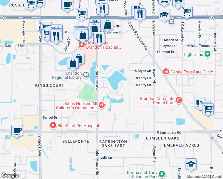 map of restaurants, bars, coffee shops, grocery stores, and more near 214 Lake Parsons Green in Brandon