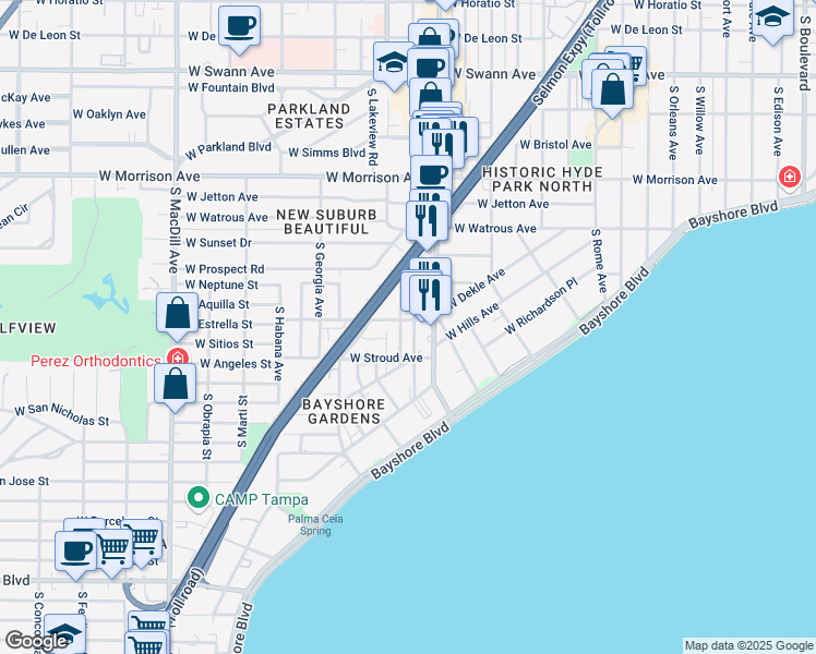 map of restaurants, bars, coffee shops, grocery stores, and more near in Tampa