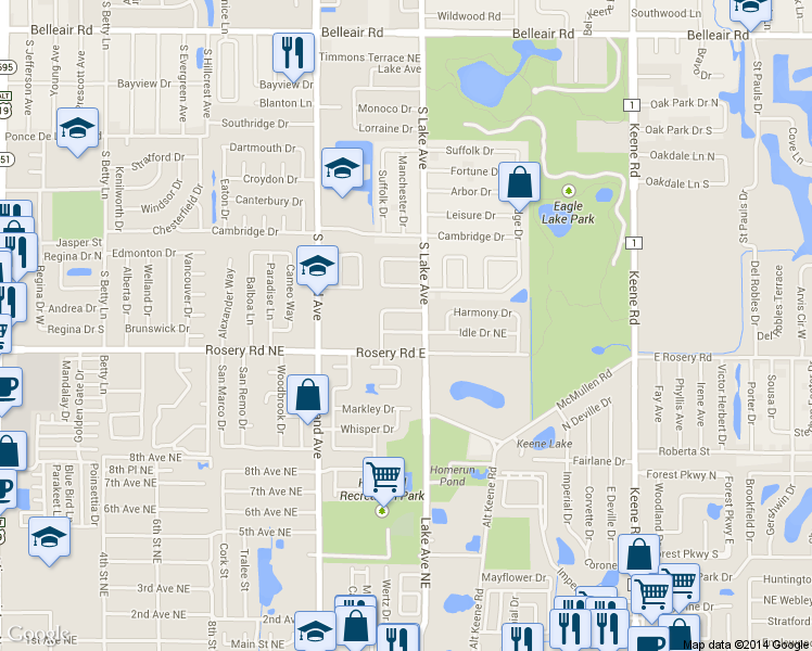 map of restaurants, bars, coffee shops, grocery stores, and more near 1586 Idle Drive Northeast in Clearwater
