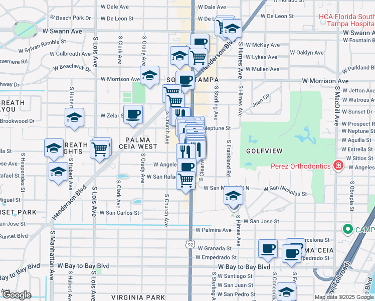 map of restaurants, bars, coffee shops, grocery stores, and more near 1547 South Dale Mabry Highway in Tampa