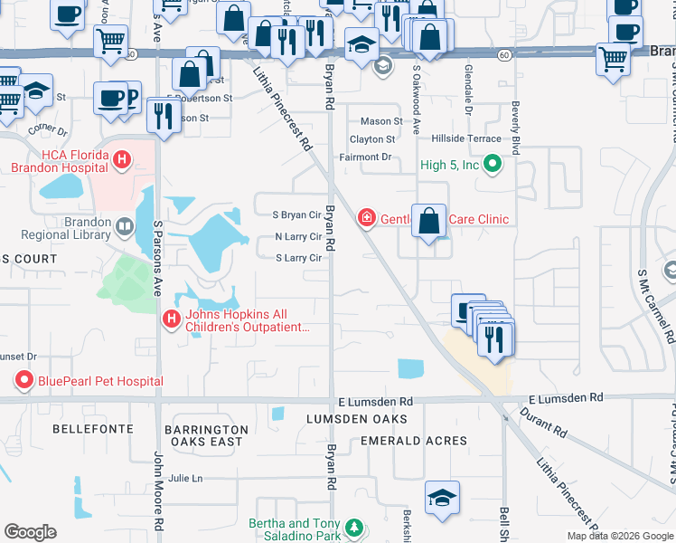 map of restaurants, bars, coffee shops, grocery stores, and more near 705 Bryan Road in Brandon