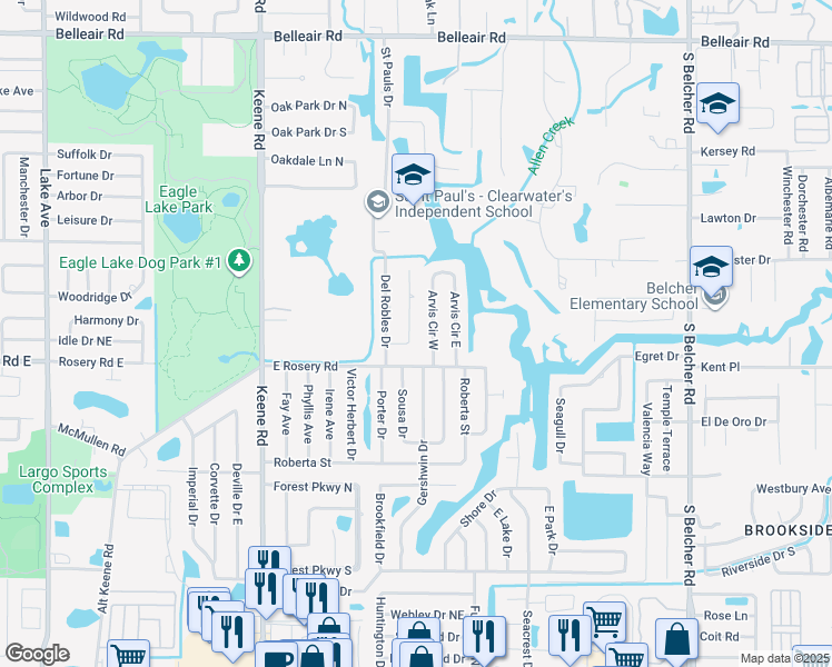 map of restaurants, bars, coffee shops, grocery stores, and more near 1883 Del Robles Terrace in Clearwater